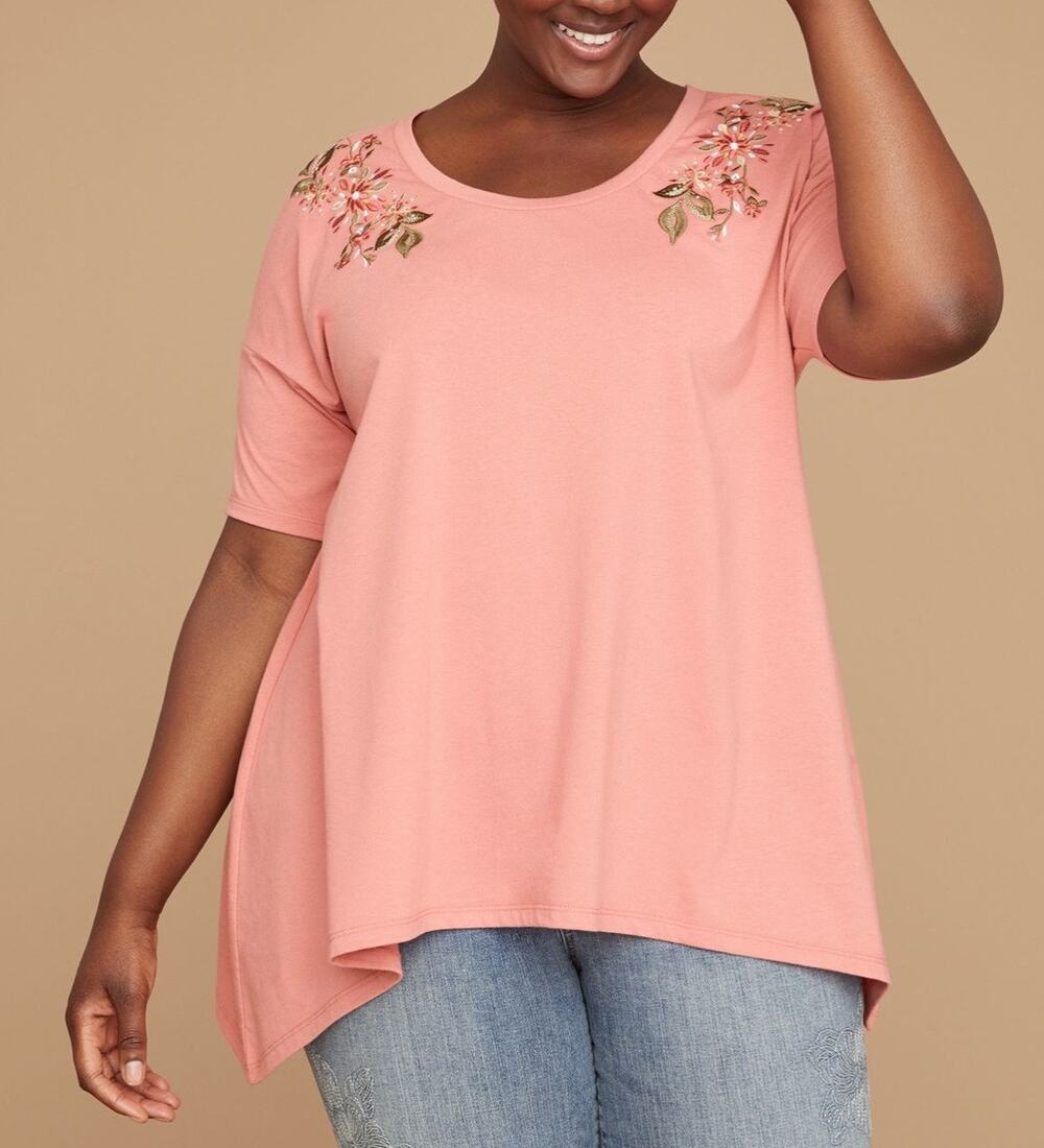 LANE BRYANT Floral Embroidered Sharkbite Hem Top Pink Womens Plus Size 18 20